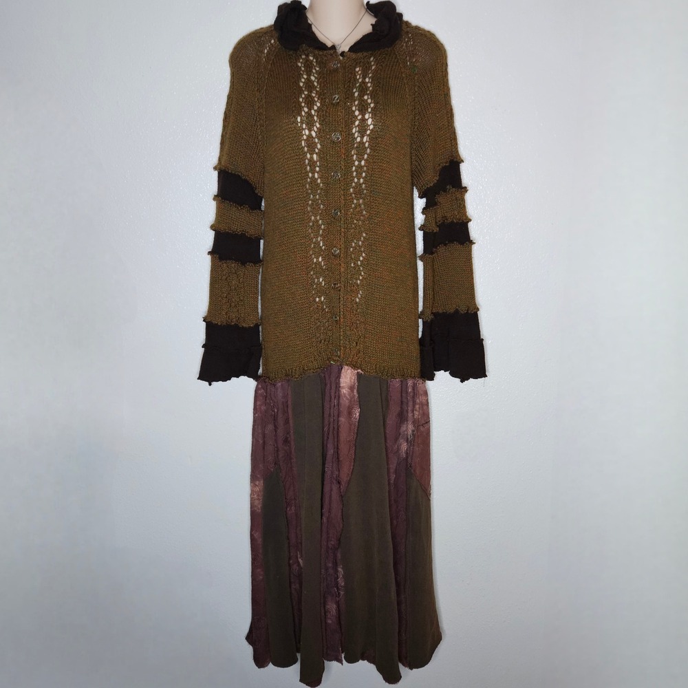 Galina Original Jeff & Co Boho Knit Hooded Cardigan Dress Floral Applique Olive
